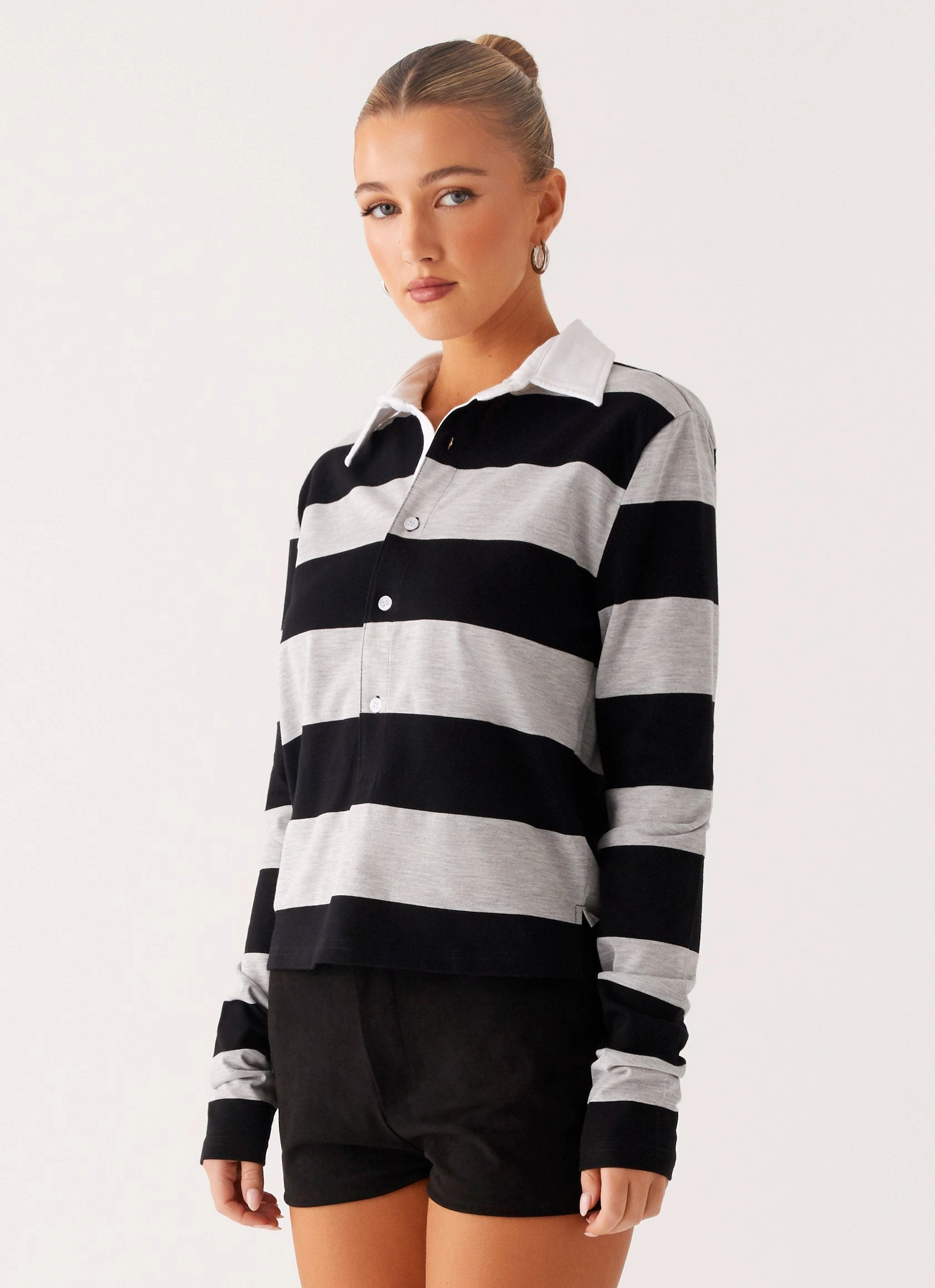 Soft Wool Beckett Polo Top - Grey Black Stripe
