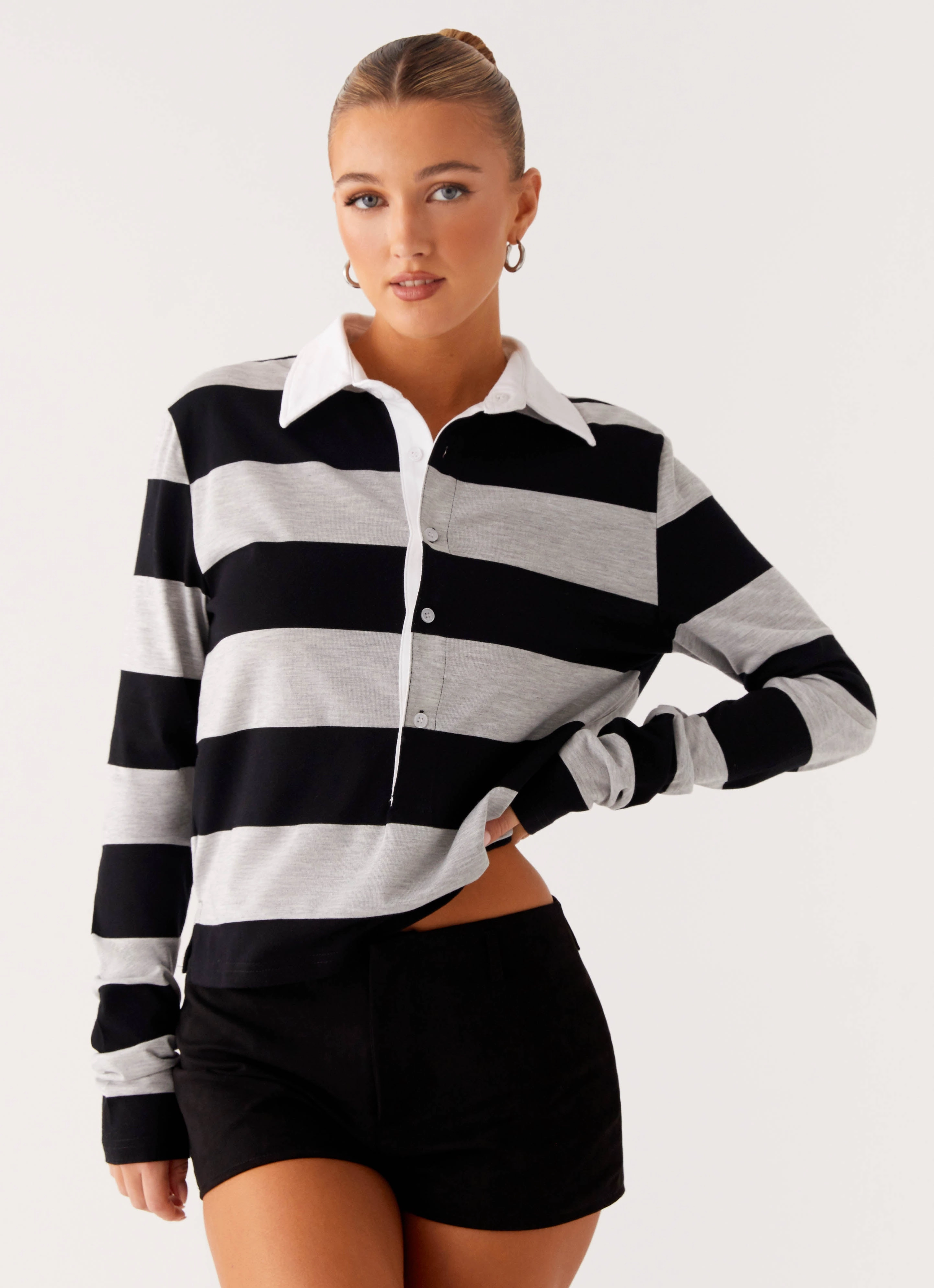 BreathableBackVents Hidden Pocket Beckett Polo Top - Grey Black Stripe