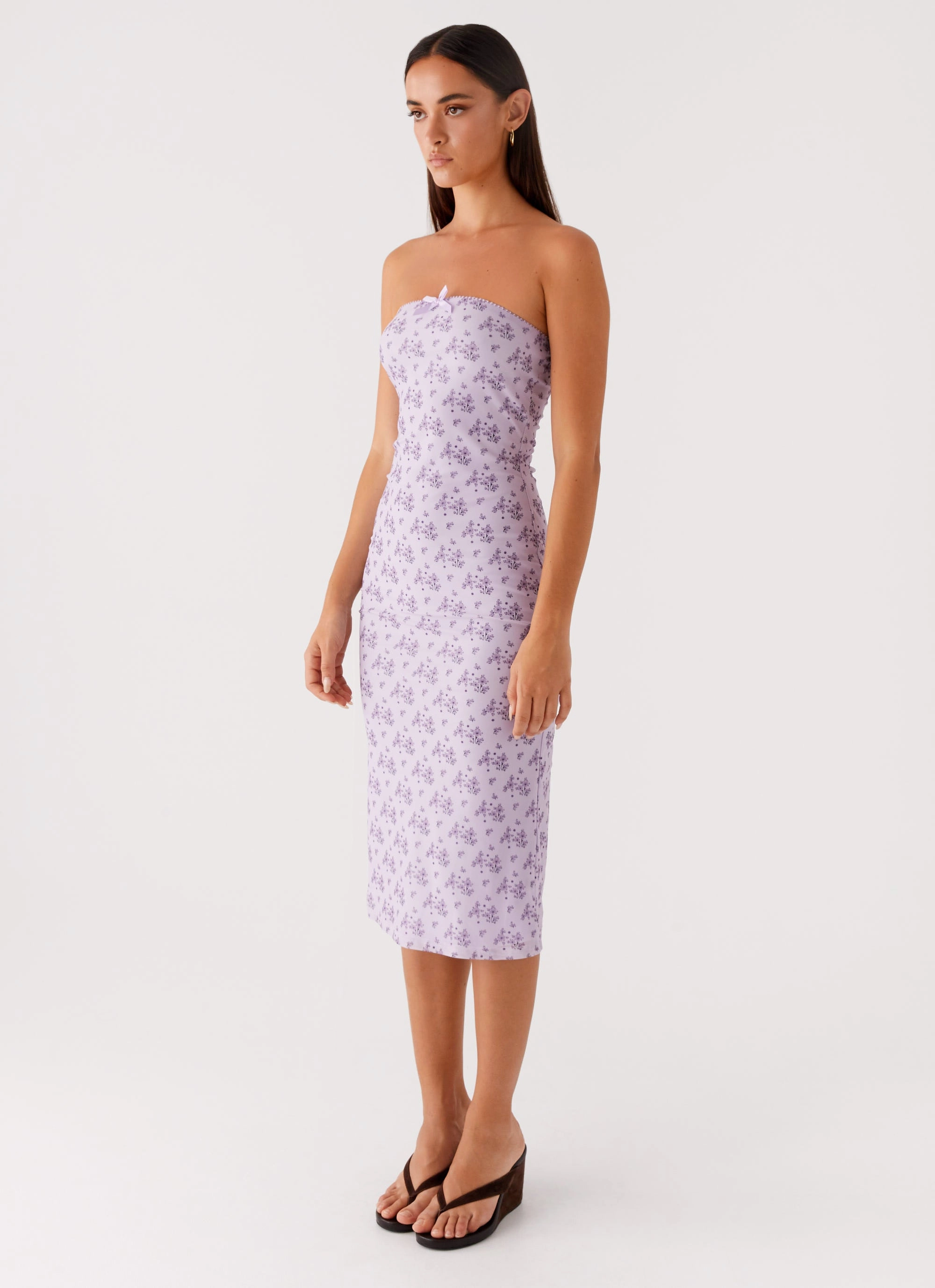 Silky Drape Casual Pick Keila Strapless Midi Dress - Lavender Meadow