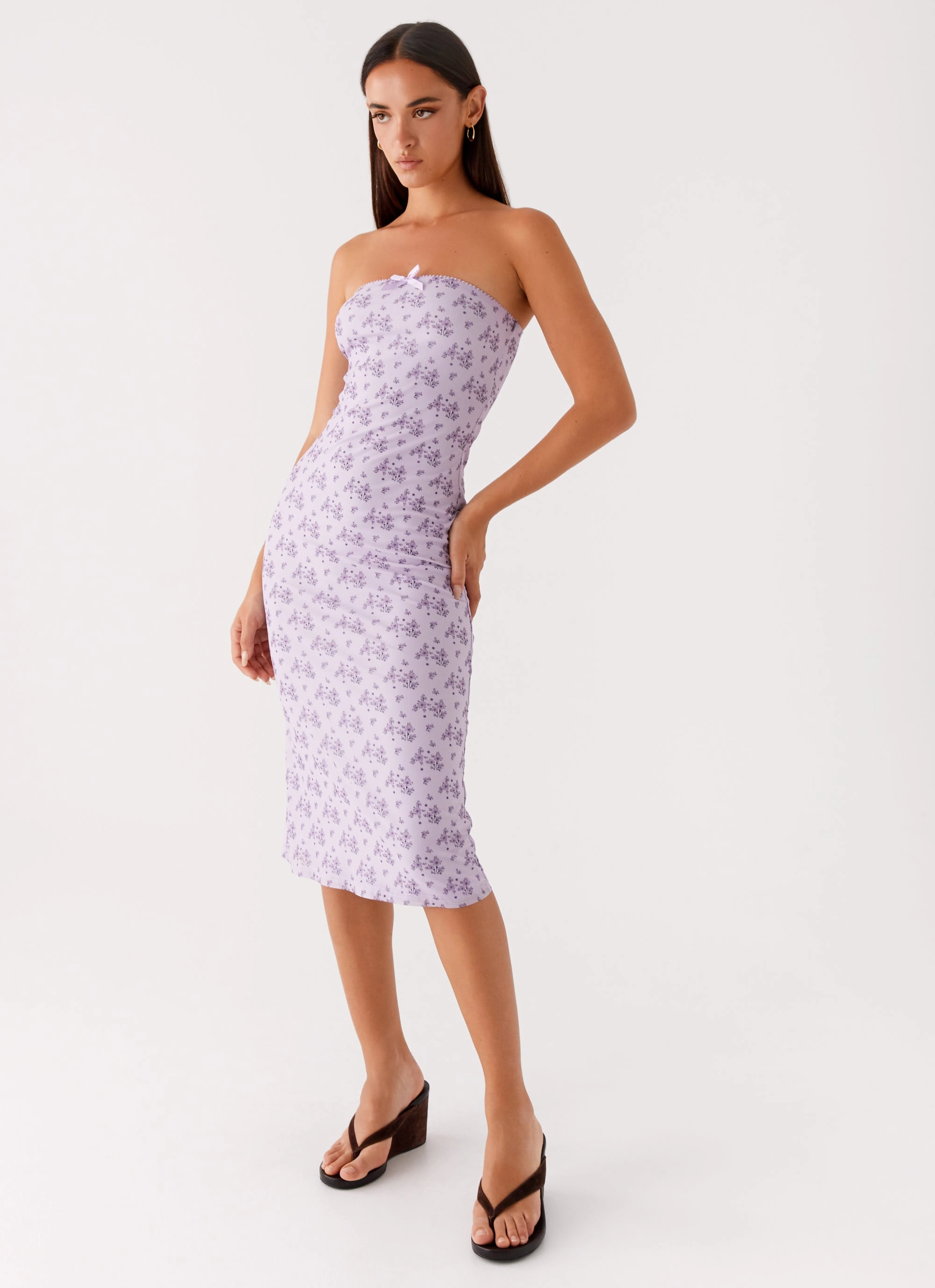Keila Strapless Midi Dress - Lavender Meadow Mesh-Detail Soft-touch daywear