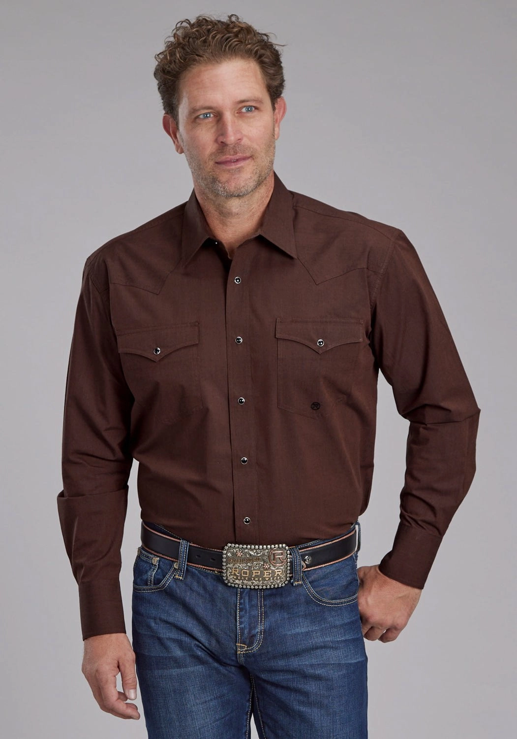 Geometric Pattern Loose style Roper Mens 2162 Black Fill Brown 100% Cotton L/S Shirt