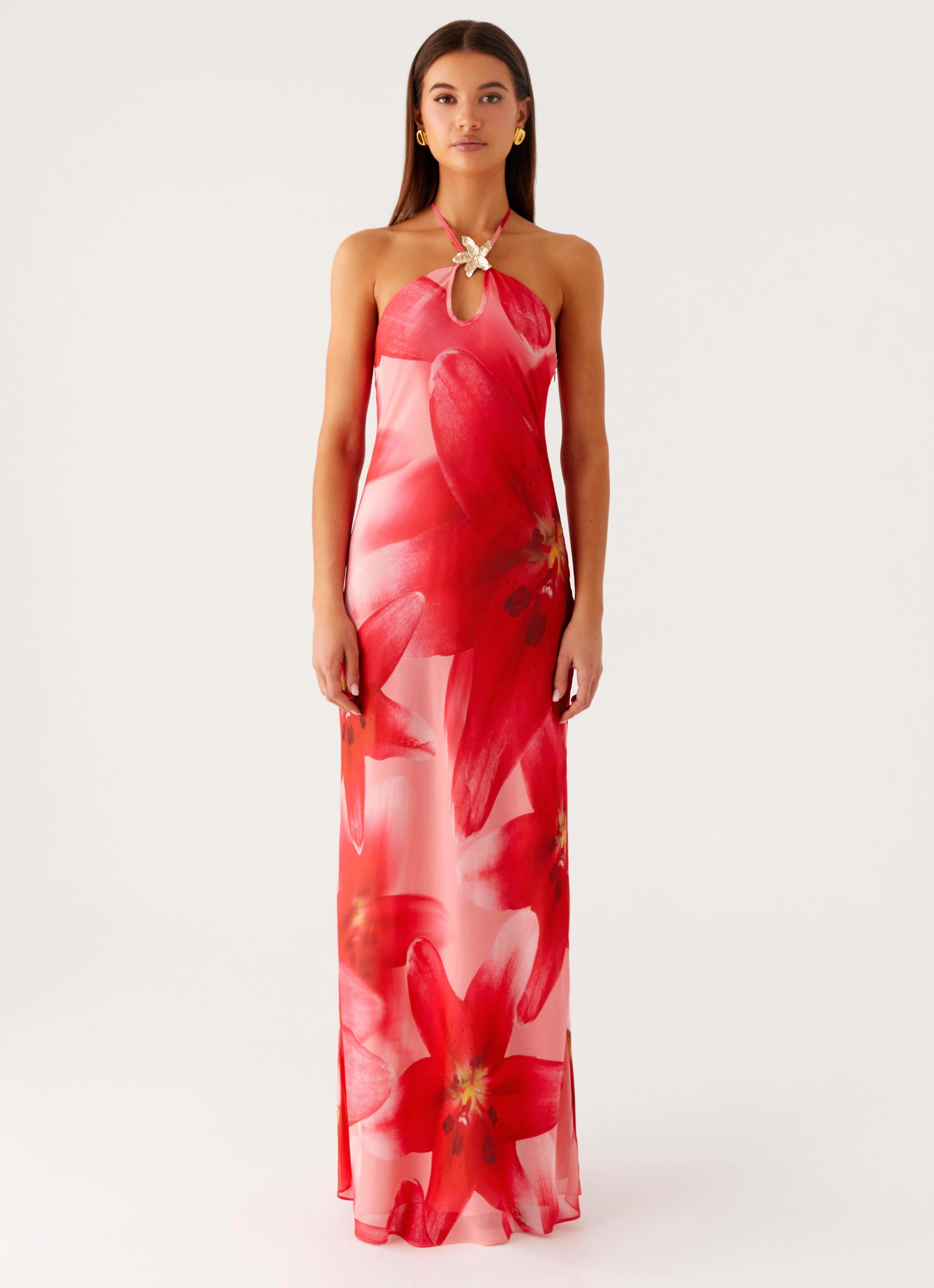 Cozy Jacket Vatiana Chiffon Maxi Dress - Peach Watermelon Flower