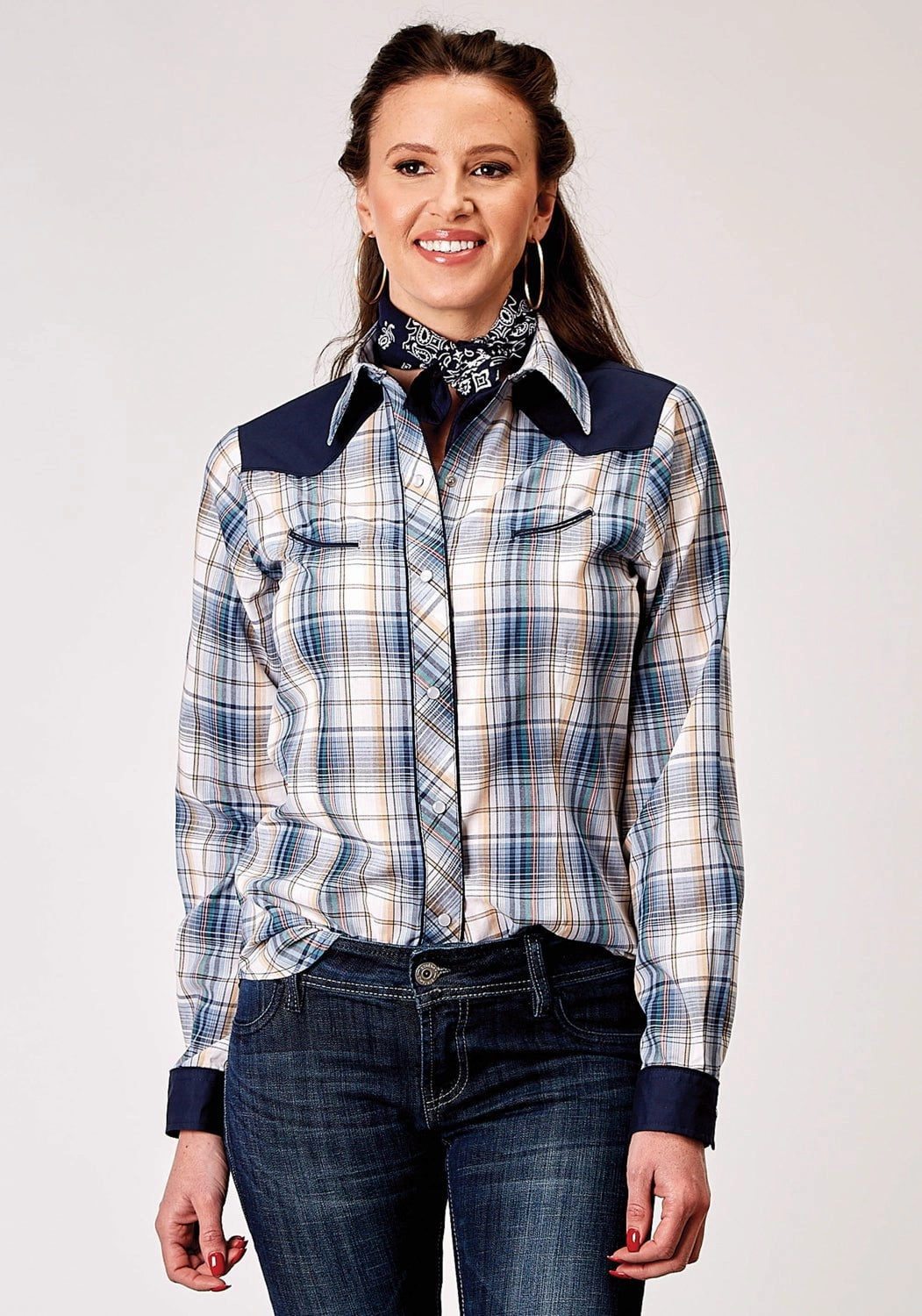Casual Wear Soft Touch Roper Womens 1971 Madras Plaid Blue Cotton Blend Retro L/S Shirt