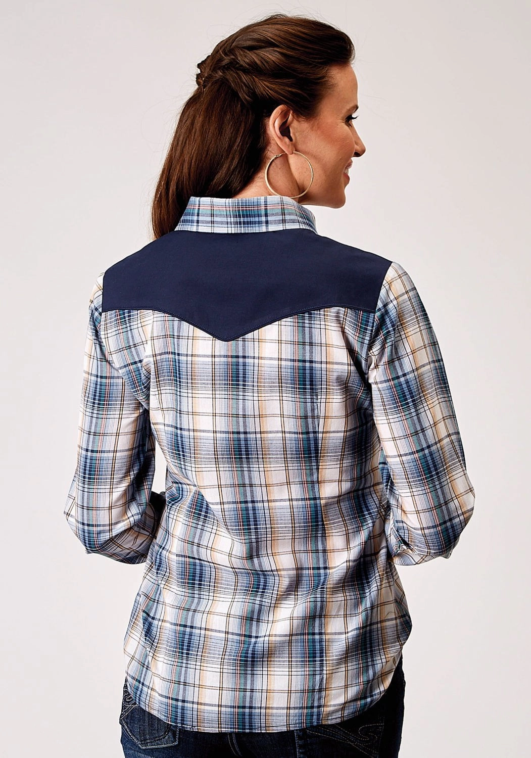 Roper Womens 1971 Madras Plaid Blue Cotton Blend Retro L/S Shirt Stretch Fit Technology Gym Companion