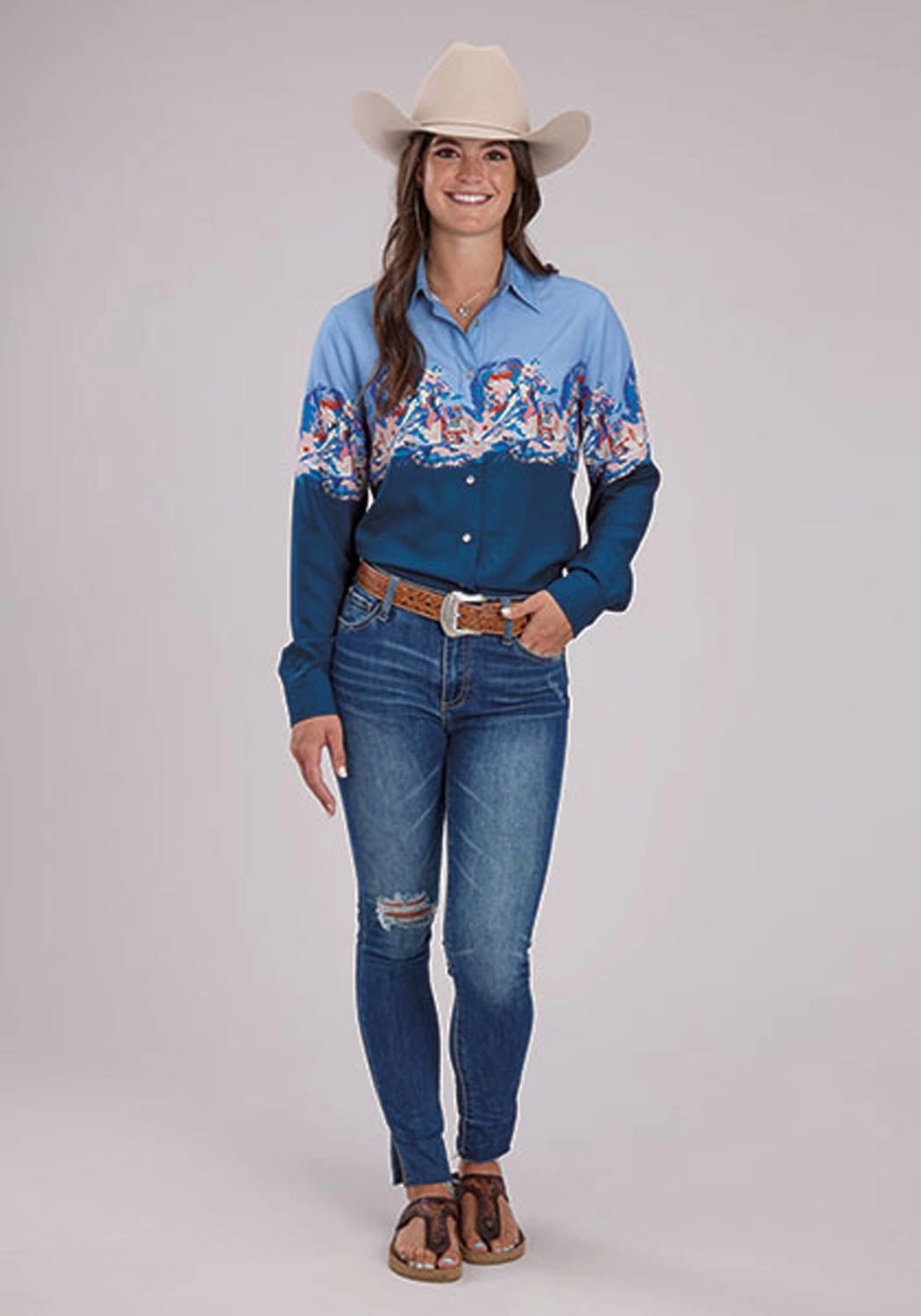 Roper Womens Barrel Racer Border Blue 100% Rayon L/S Blouse Customizable Option Quick Release Cuffs