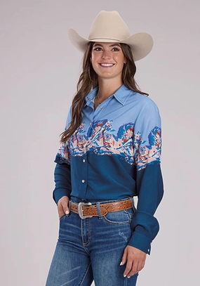 Roper Womens Barrel Racer Border Blue 100% Rayon L/S Blouse Microfiber Material Lightweight Feel