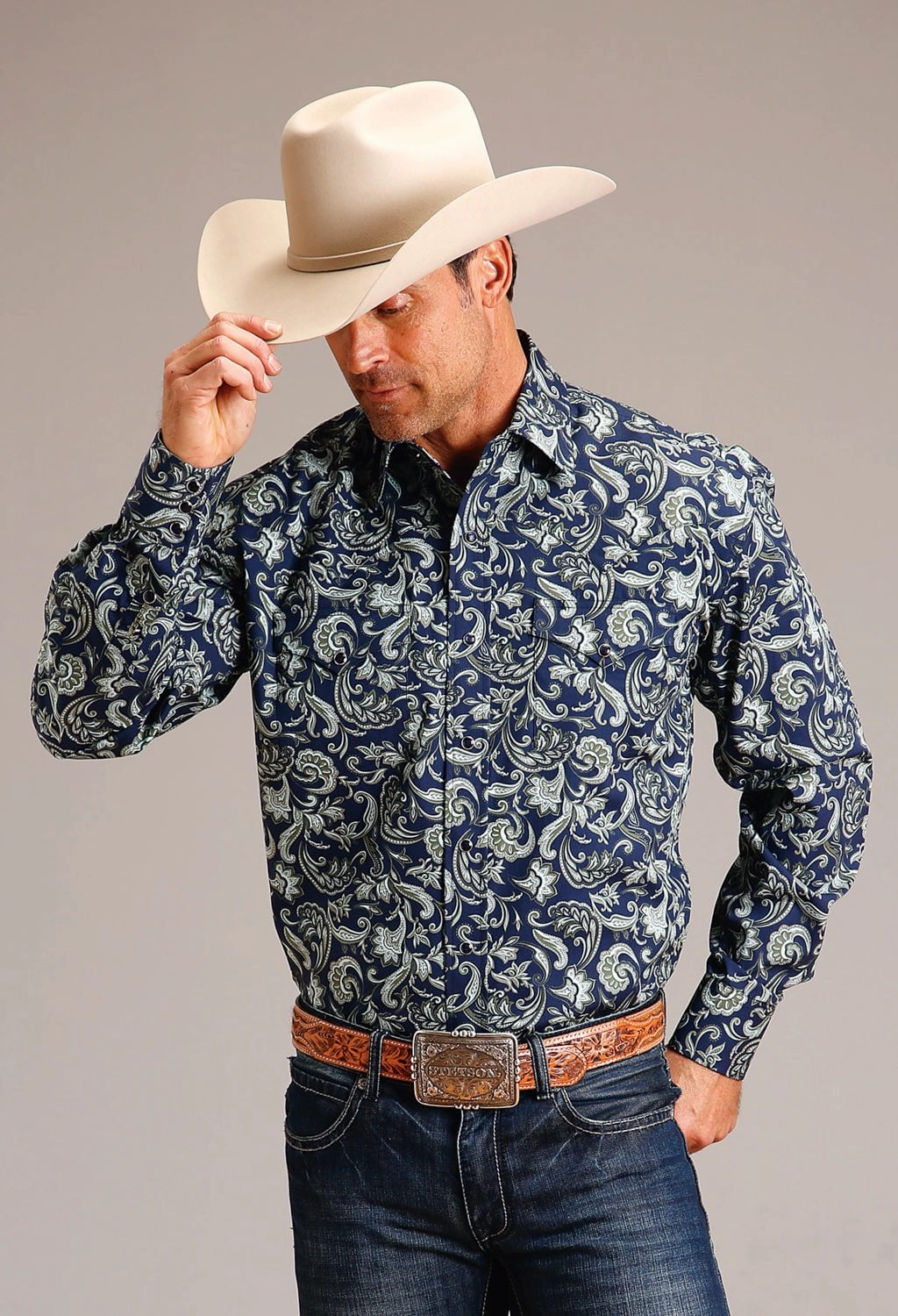 Relaxed Vibe Sleek Silhouette Stetson Mens Detailed Pailey Blue 100% Cotton L/S Shirt