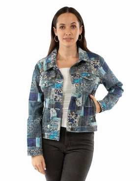 Eco Friendly Recycled Material Waist String Scully Womens Patchwork Print Dark Blue Cotton Blend Cotton Jacket