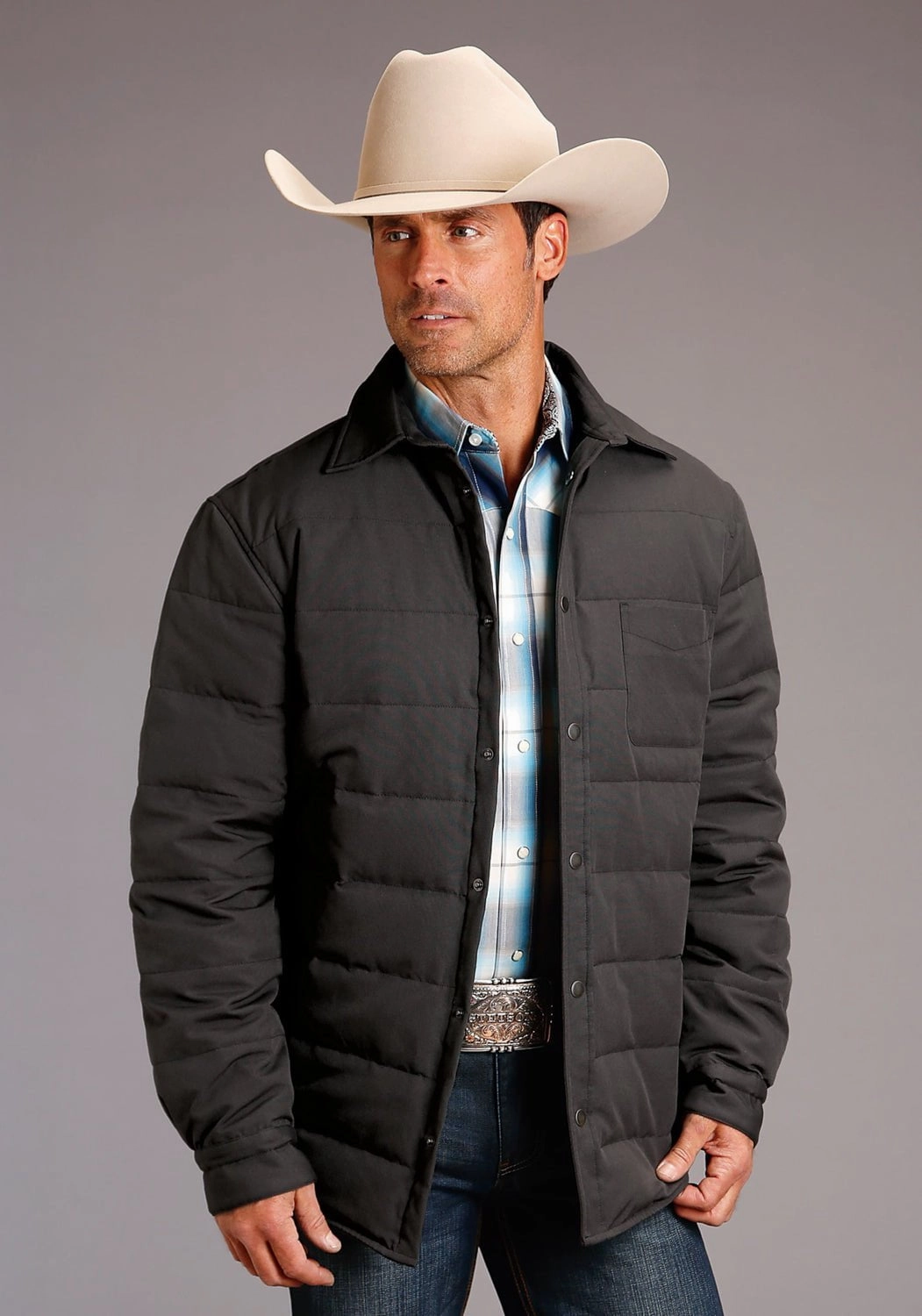 Stetson Mens Insulated Shirt Grey Cotton Blend Canvas Jacket Durable AbrasionResistant Panels Easy Fit Piece