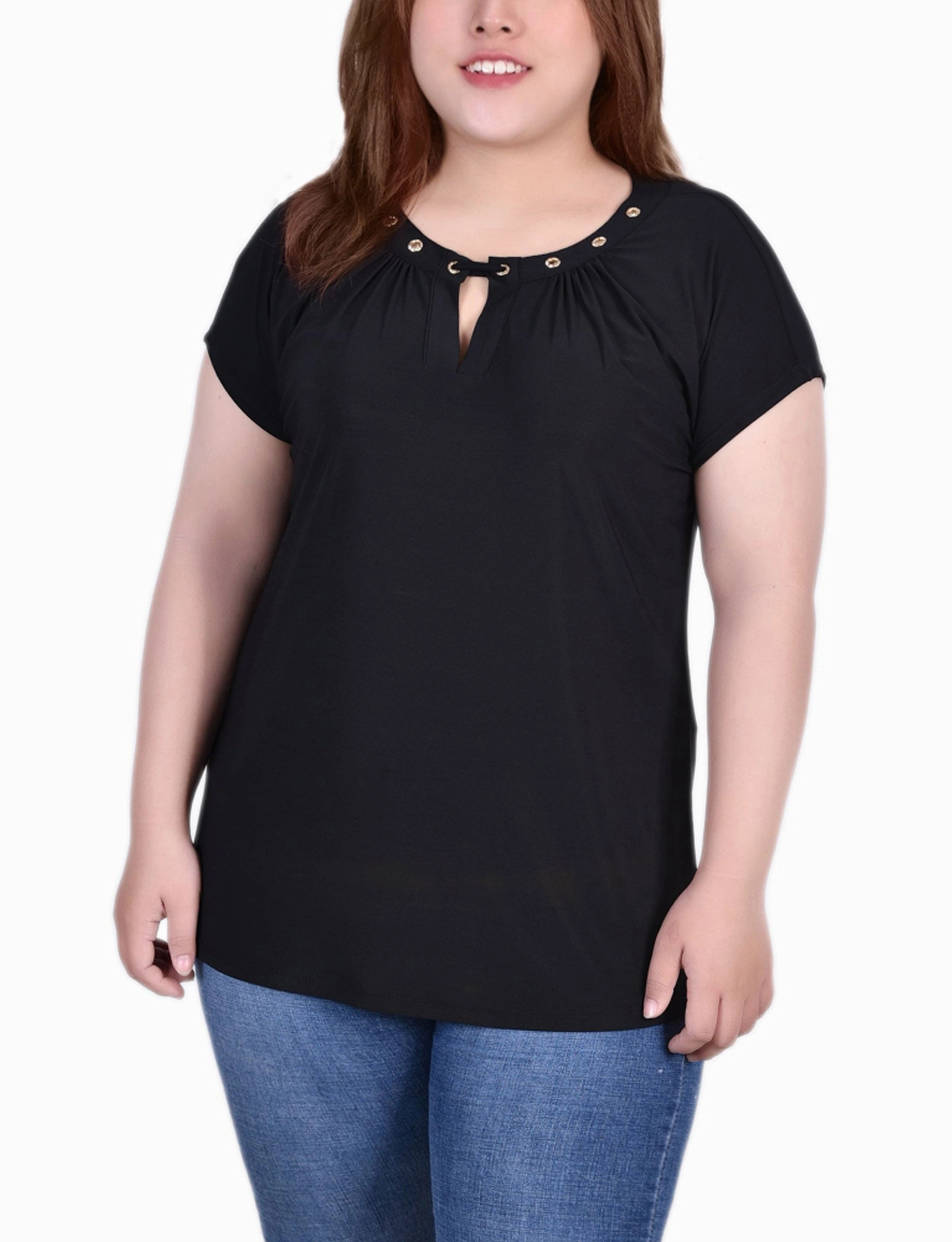 Subtle Elegance Chic Tailoring Plus Size Short Sleeve Grommet Top With Keyhole