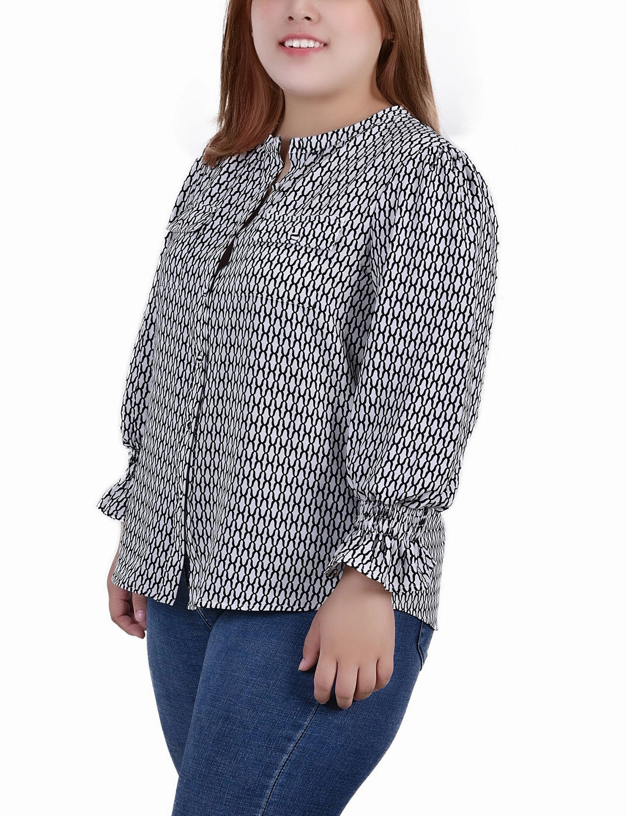 FlexibleRibbedTrims QuickDry Plus Size Long Sleeve Y Neck Blouse