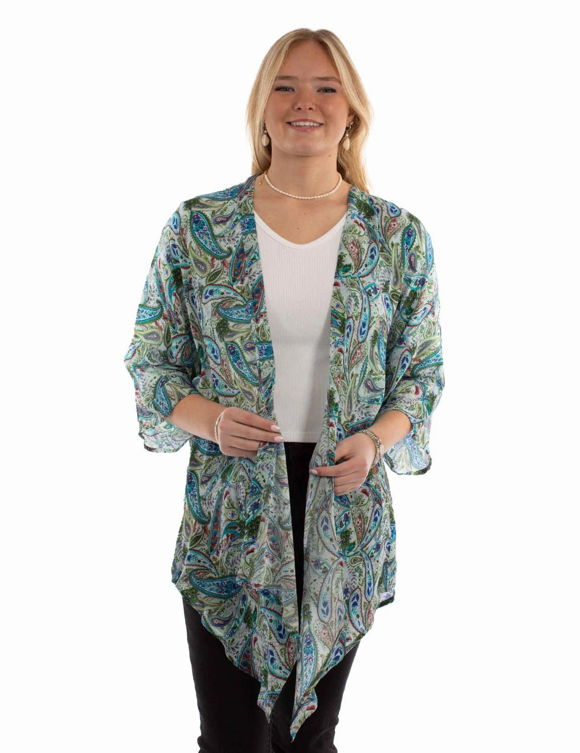Scully Womens Paisley Floral Green Viscose Kimono Stretch Knit Technology