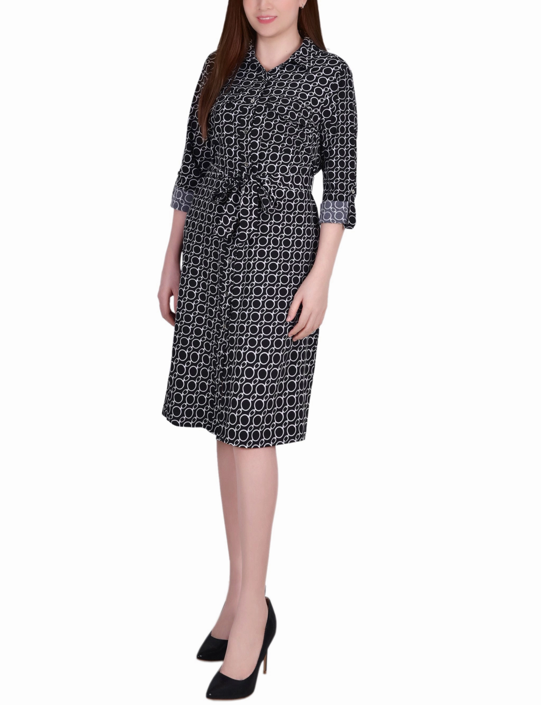 Petite 3/4 Roll Tab Sleeve Belted Shirtdress Winter-Season
