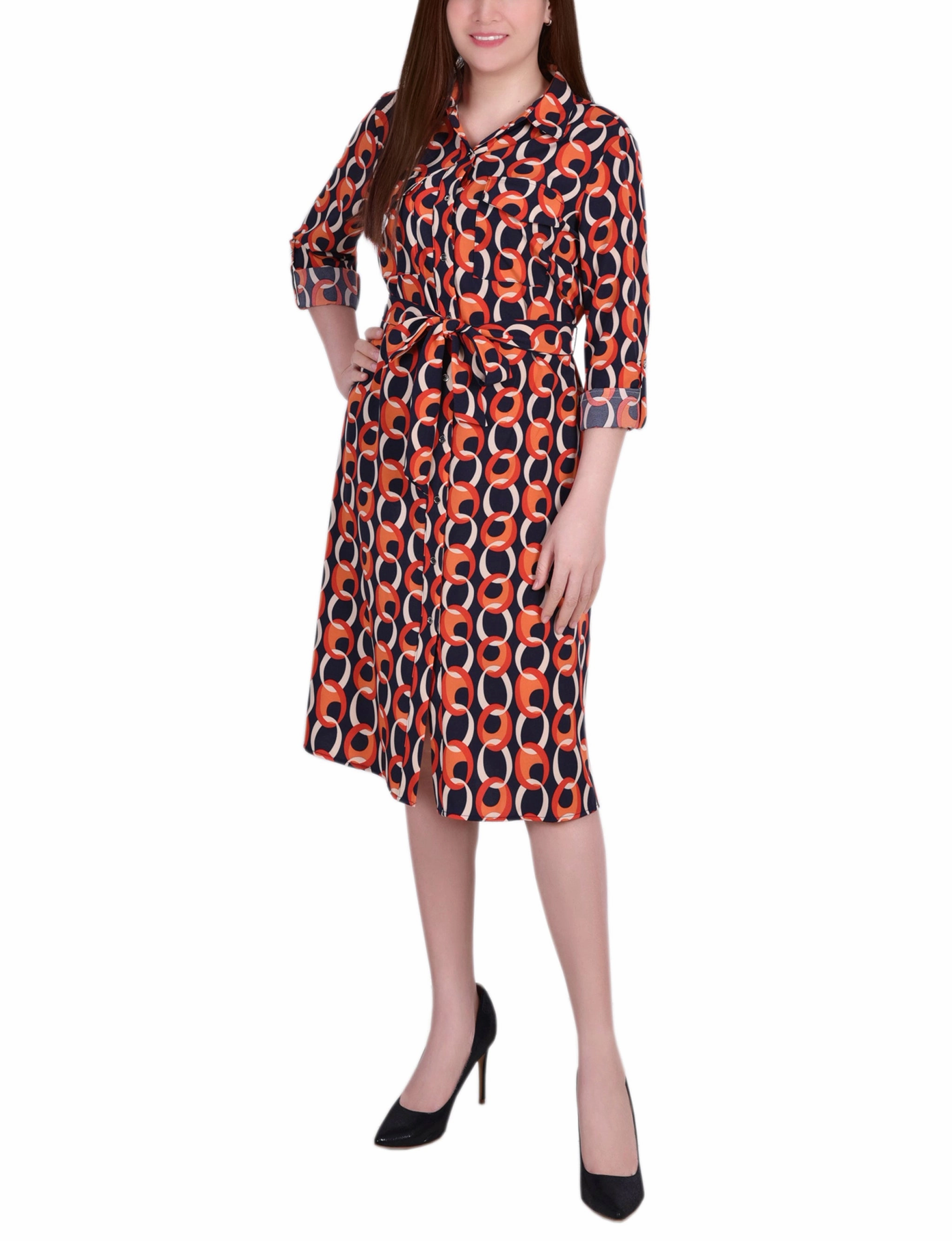 Petite 3/4 Roll Tab Sleeve Belted Shirtdress EasyCareMaterial