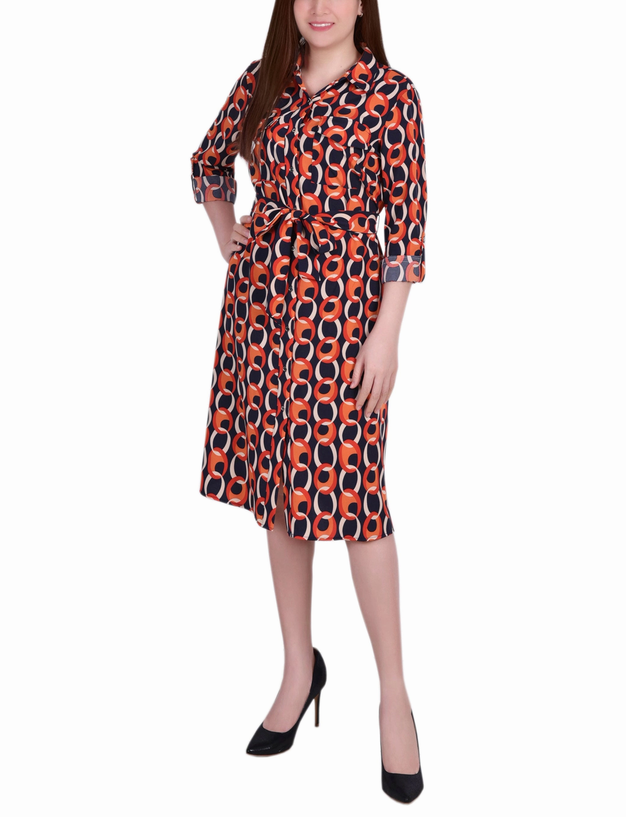 Petite 3/4 Roll Tab Sleeve Belted Shirtdress Formal Choice Travel Option