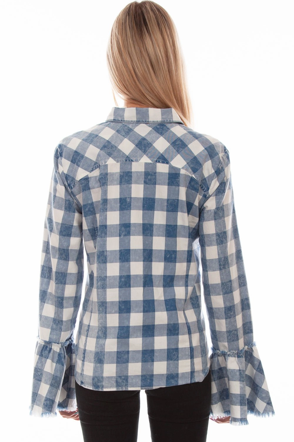Scully Womens Checker Bell Sleeve Blue 100% Cotton L/S Blouse Thermal regulation