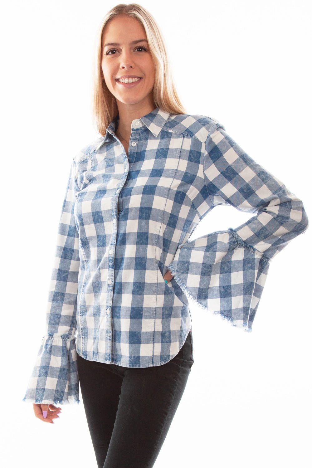 Versatile Design Scully Womens Checker Bell Sleeve Blue 100% Cotton L/S Blouse