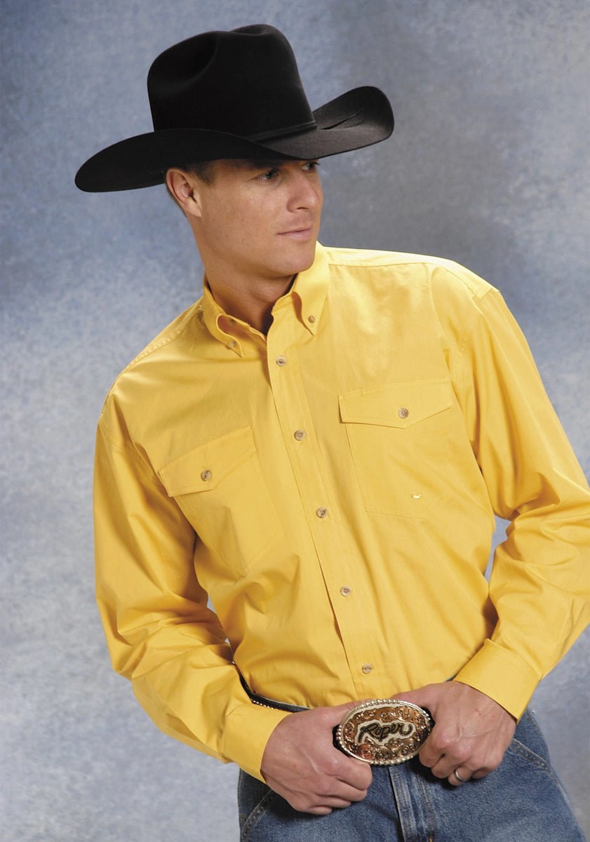 Roper Mens Yellow 100% Cotton L/S Button Down Solid Poplin Western Shirt Brunch Outfit