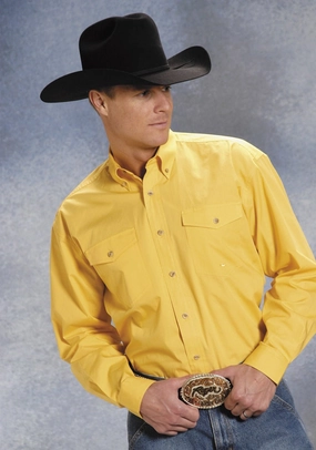 Military Inspired Trendsetter Choice Roper Mens Yellow 100% Cotton L/S Button Down Solid Poplin Western Shirt