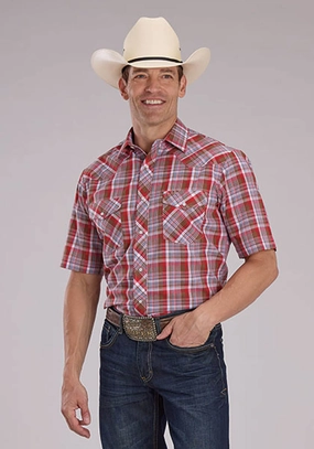 Roper Mens 2487 Western Plaid Brown/Red Cotton Blend S/S Shirt Tall Option