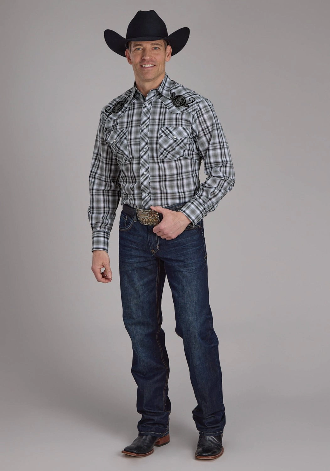 Ultra Soft Interior Roper Mens 2126 Plaid Rose Grey/Black Cotton Blend L/S Shirt