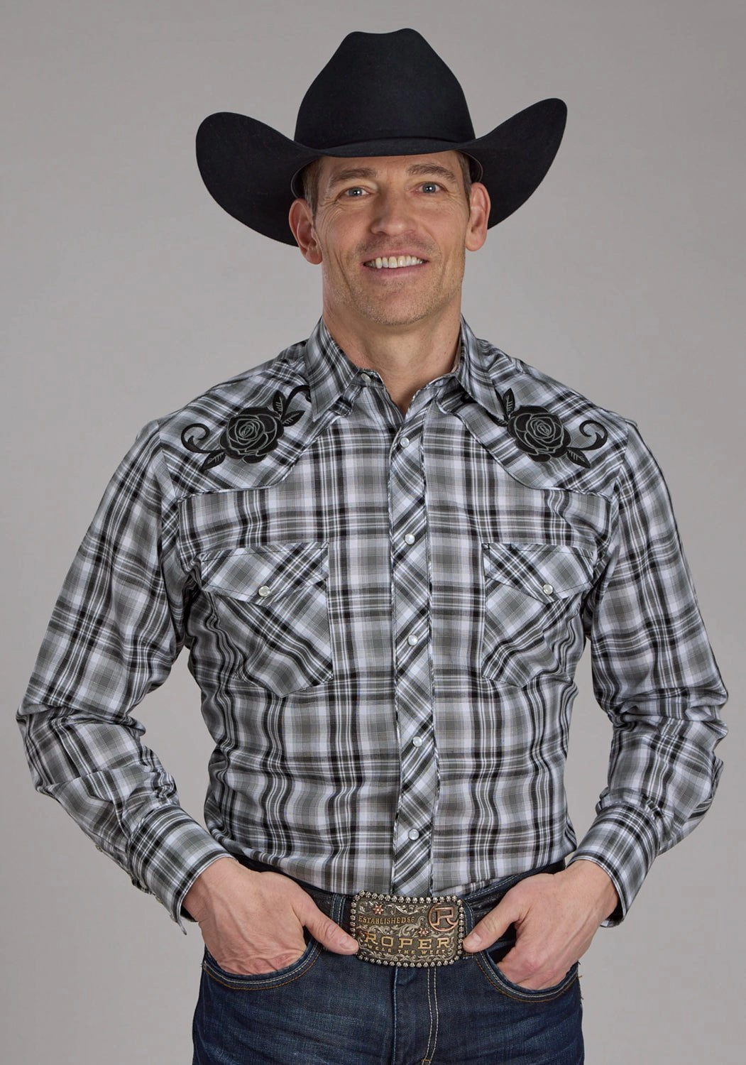 Anti-static Student Essential Roper Mens 2126 Plaid Rose Grey/Black Cotton Blend L/S Shirt