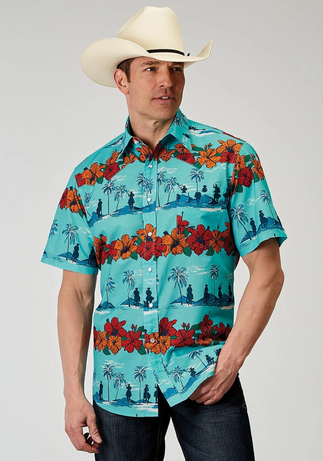 Eye-Catching Pattern Embroidered Detail Roper Mens 1900 Hawaiian Blue 100% Cotton 1 Pkt S/S Shirt