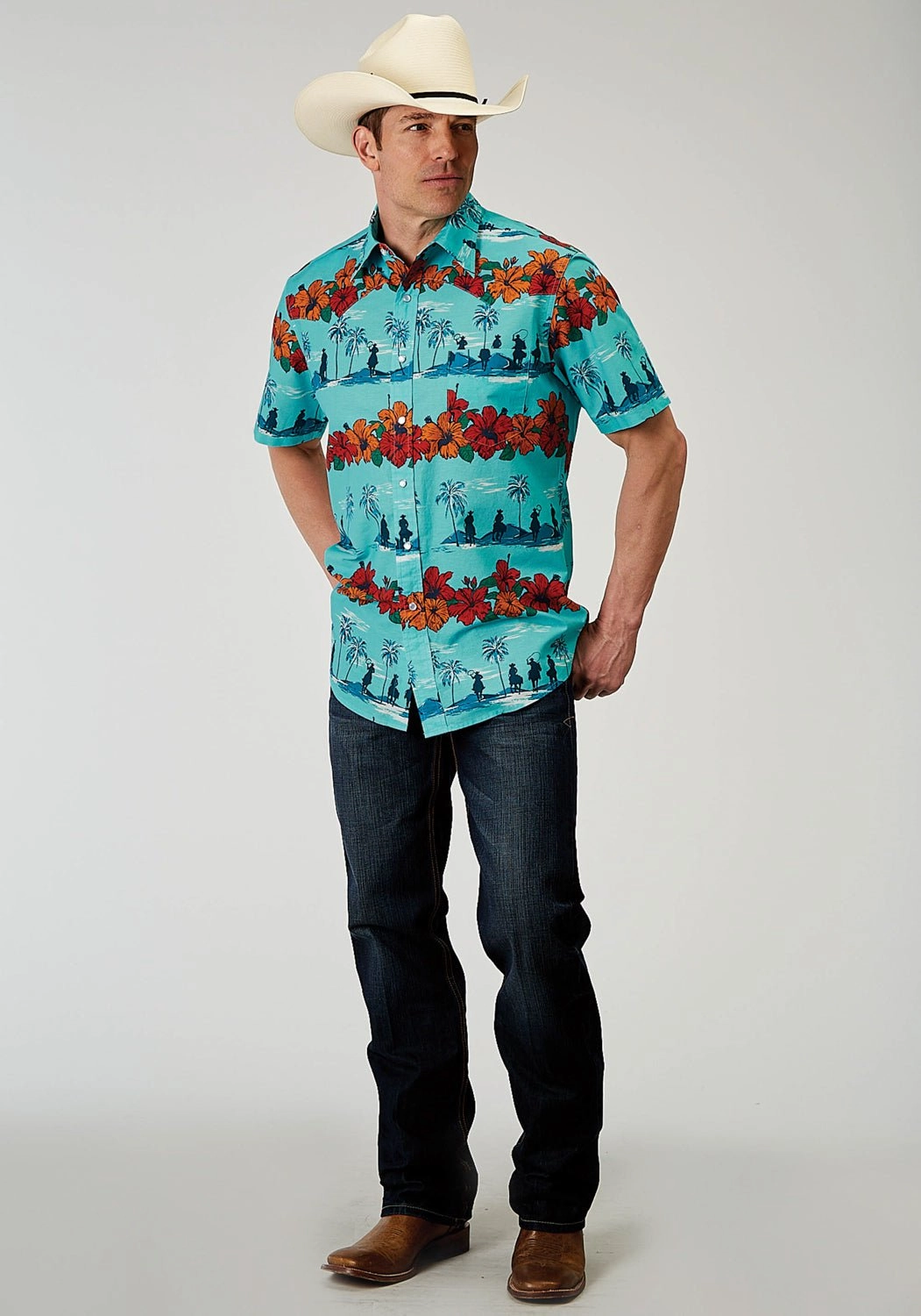 crew neck Lightweight texture Roper Mens 1900 Hawaiian Blue 100% Cotton 1 Pkt S/S Shirt