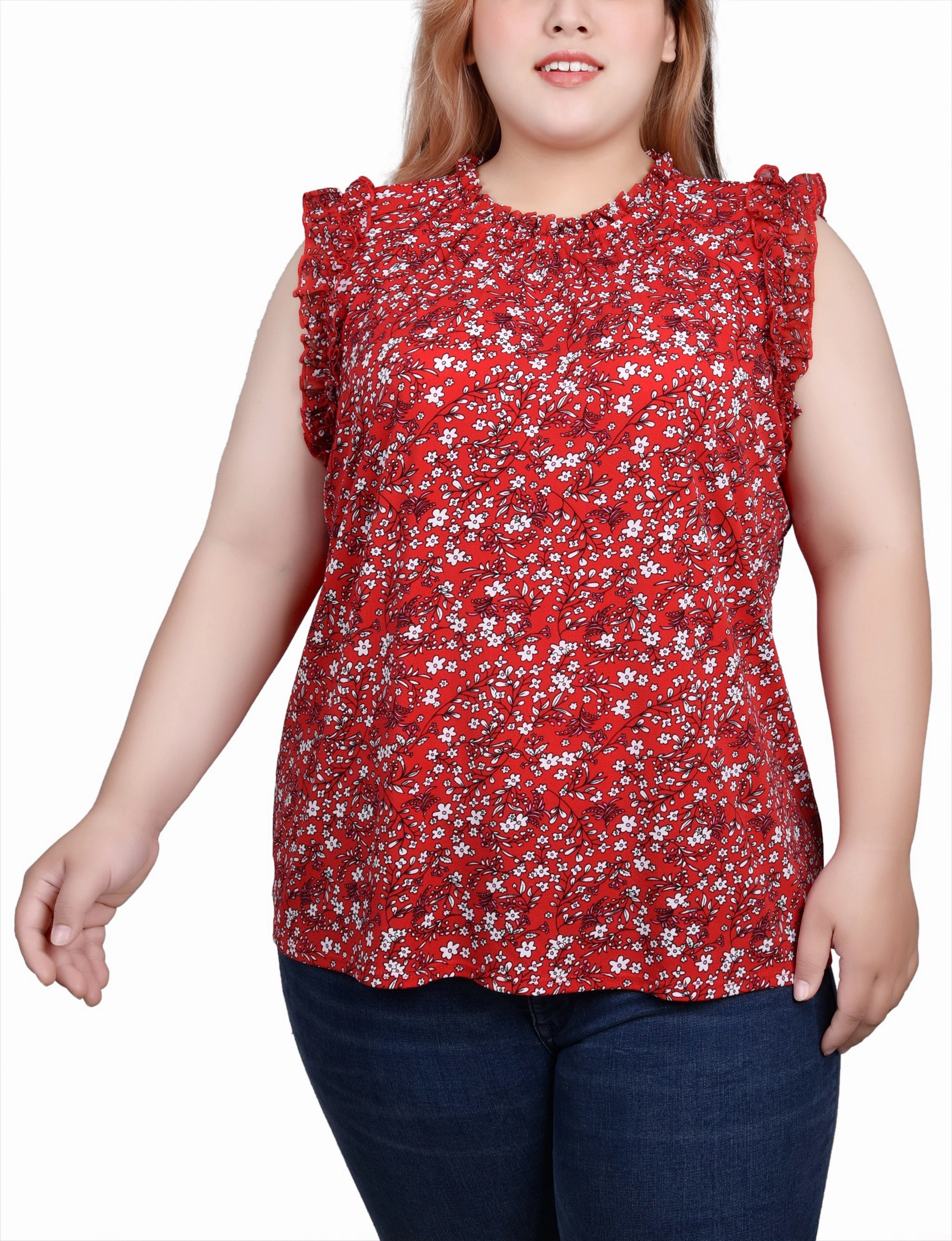 Plus Size Sleeveless Crepe Top With Chiffon Ruffles OdorResistantTechnology