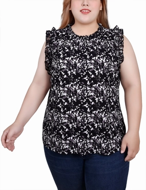 Plus Size Sleeveless Crepe Top With Chiffon Ruffles Softly Structured Pure Elegance