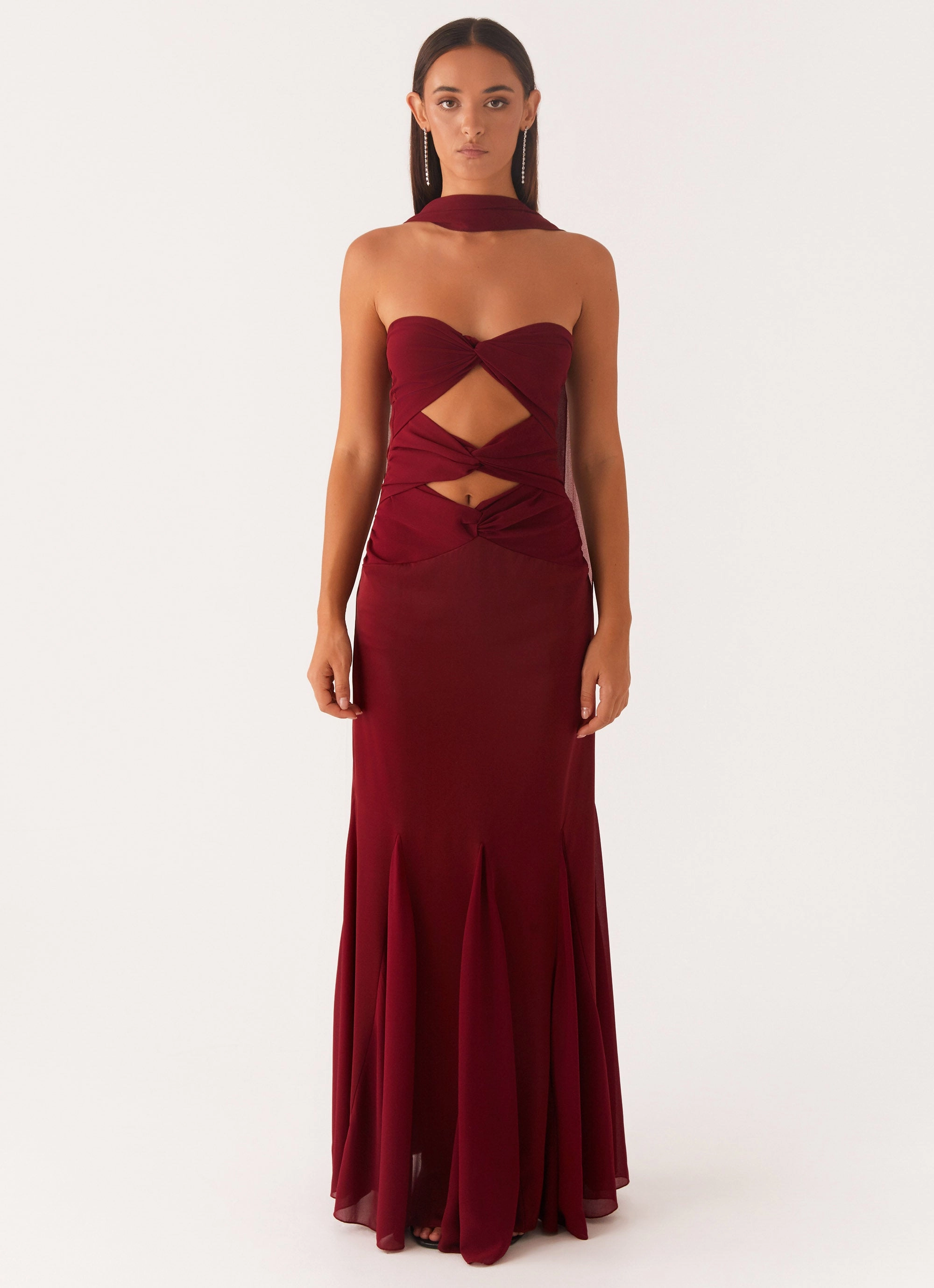 Stand Collar Melrose Satin Chiffon Maxi Dress - Deep Red