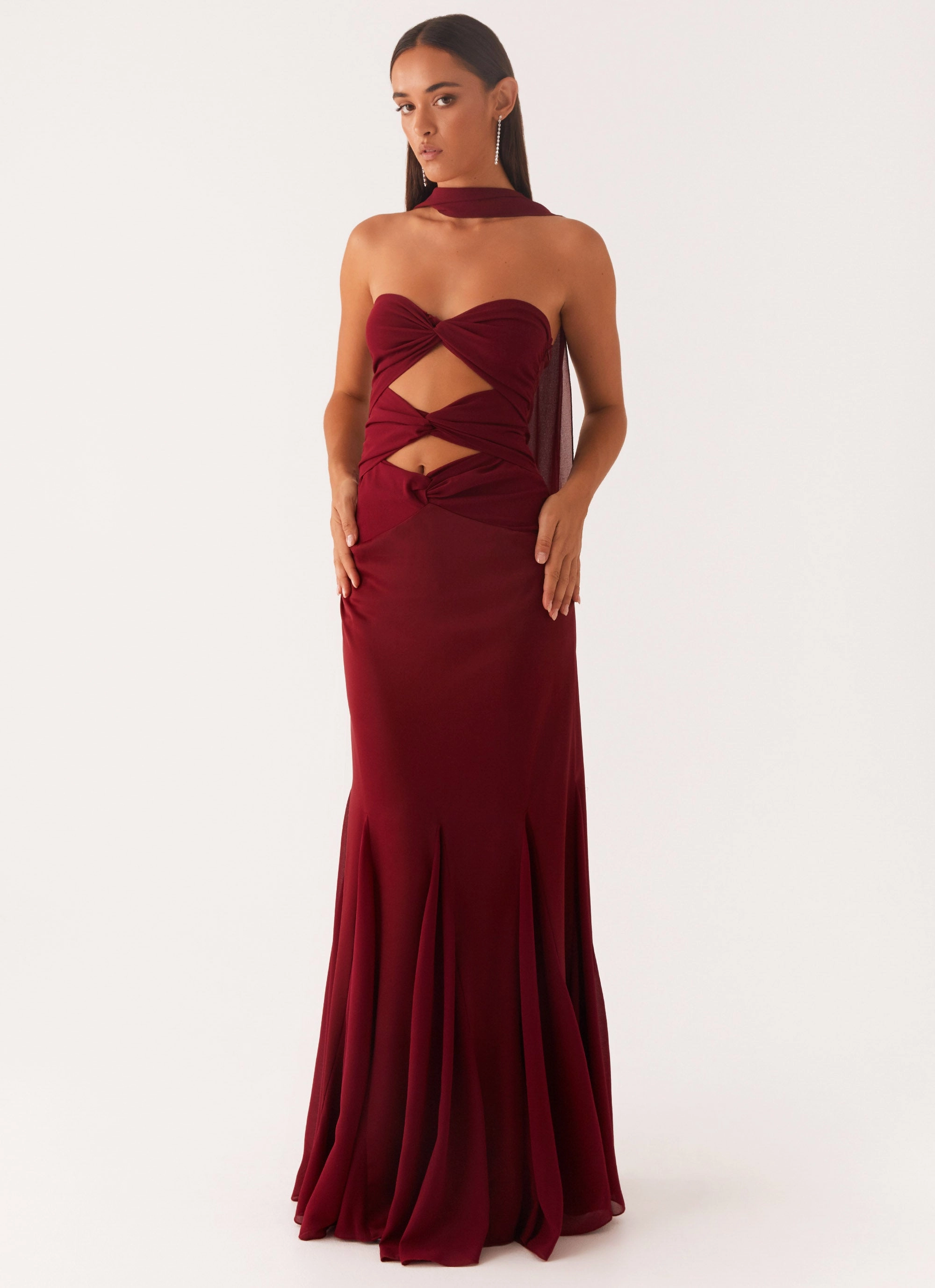 Timeless Outerwear Outerwear Collection Melrose Satin Chiffon Maxi Dress - Deep Red