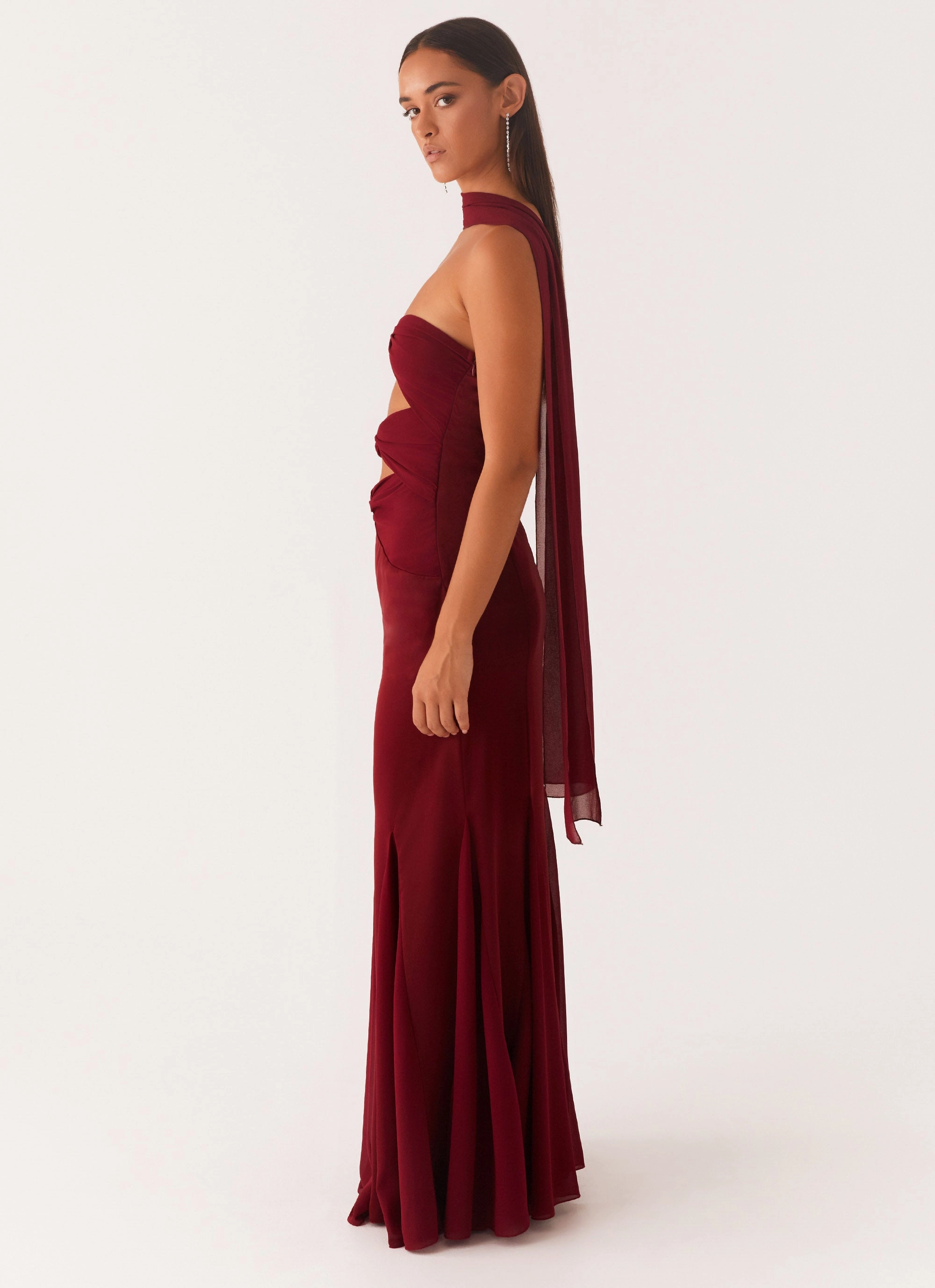 Melrose Satin Chiffon Maxi Dress - Deep Red Matte Fabric Contemporary Jacket