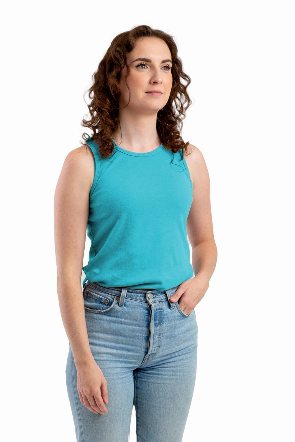 Tall Option Anti Cling Fabric Berne Scuba Blue Cotton Blend Womens Performance Tank S/L