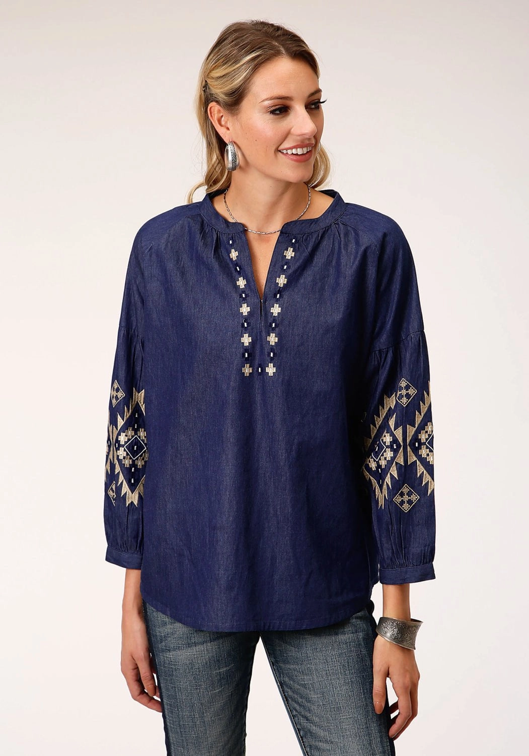 Layered Look Roper Womens Indigo Denim 100% Cotton Bishop Sleeves S/S Blouse
