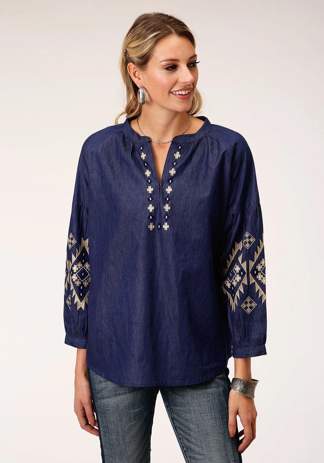 Subtle Print Adjustable Hem Roper Womens Indigo Denim 100% Cotton Bishop Sleeves S/S Blouse