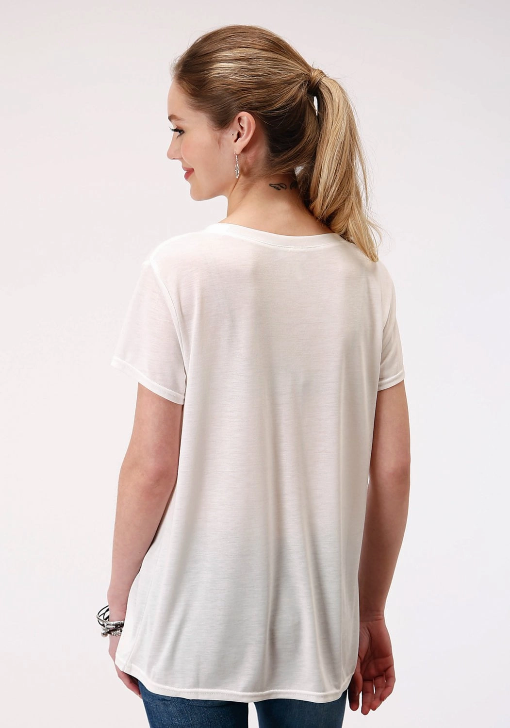 Vintage Style Reinforced Buttonholes Roper Womens Cream Poly/Rayon Arrow Screenprint S/S T-Shirt