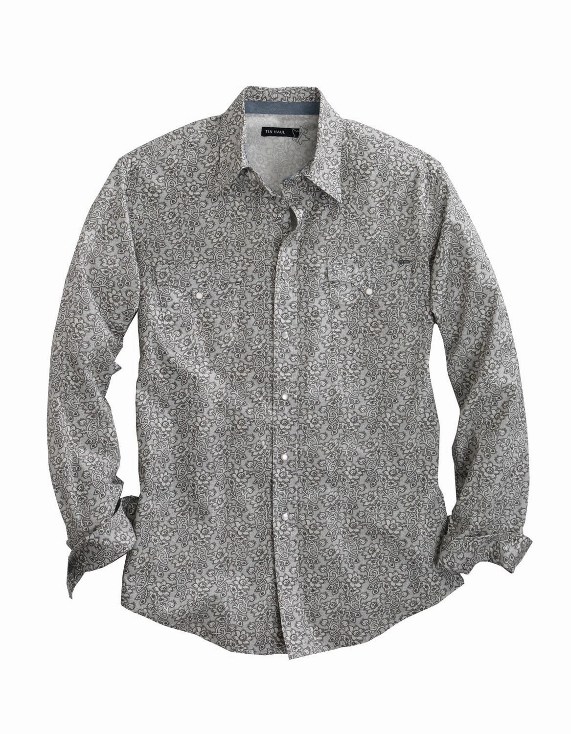 Tin Haul Mens Grey 100% Cotton Vintage Floral L/S Shirt Elegant Finish Thermoregulating Fabric