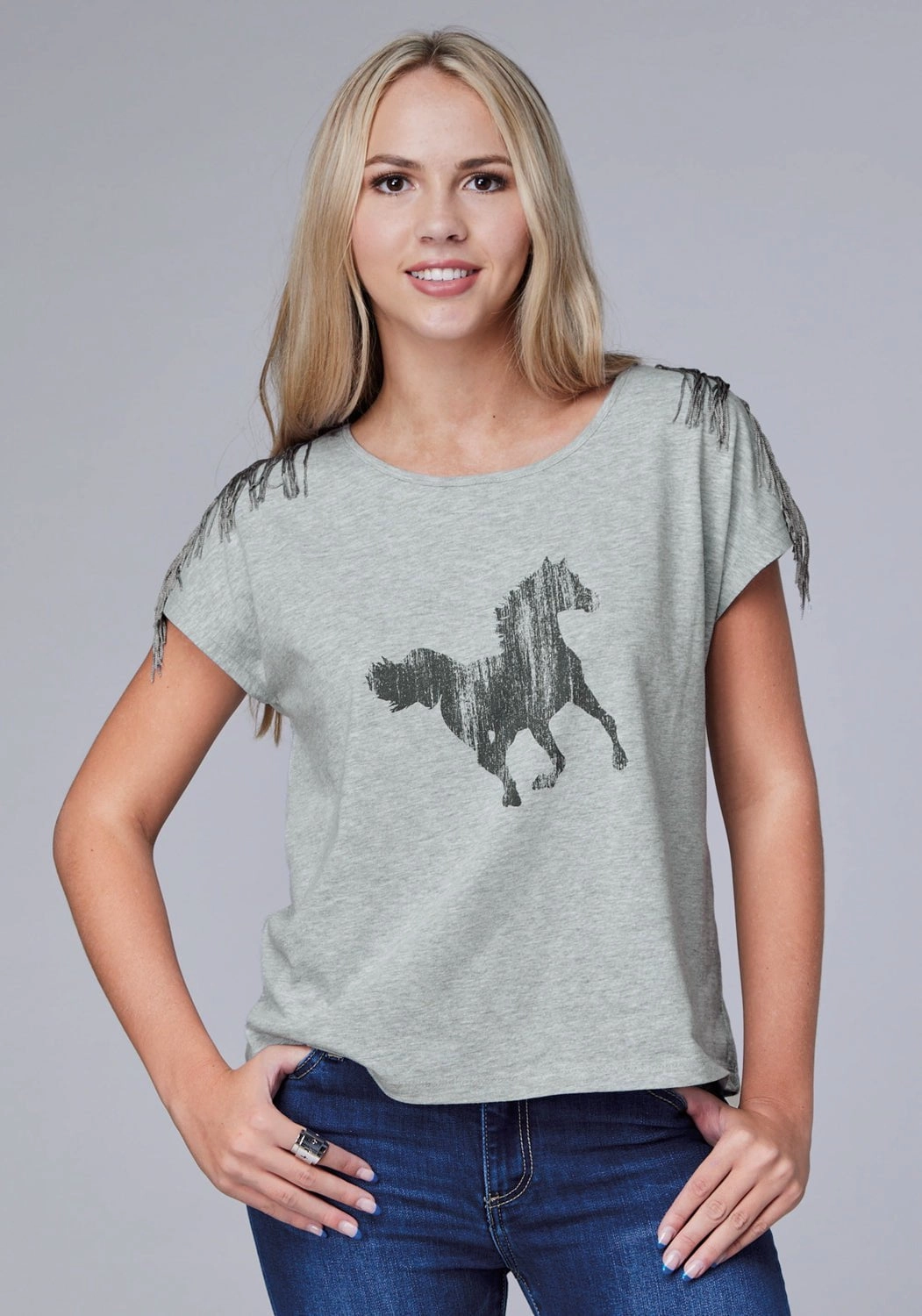 Roper Womens Black Mustang Grey Cotton Blend S/S T-Shirt Asymmetrical Cut Neutral Toned Stitching