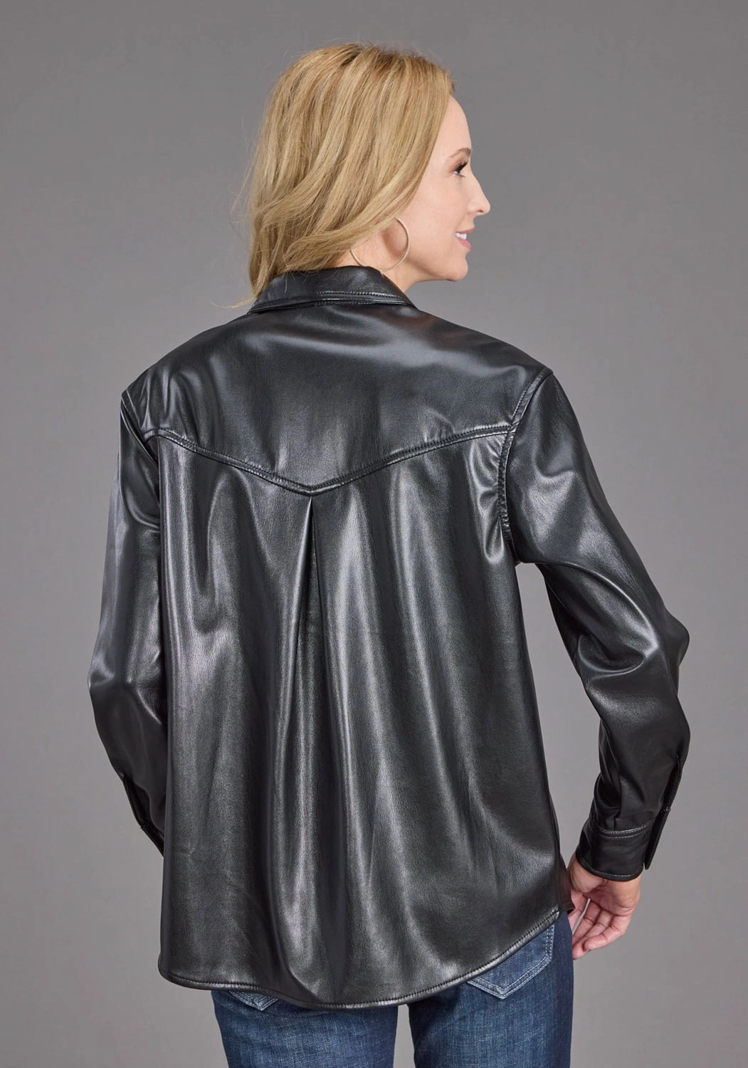 EasyCare Fabric Stetson Womens Oversized Box Pleat Black Faux Leather L/S Shirt