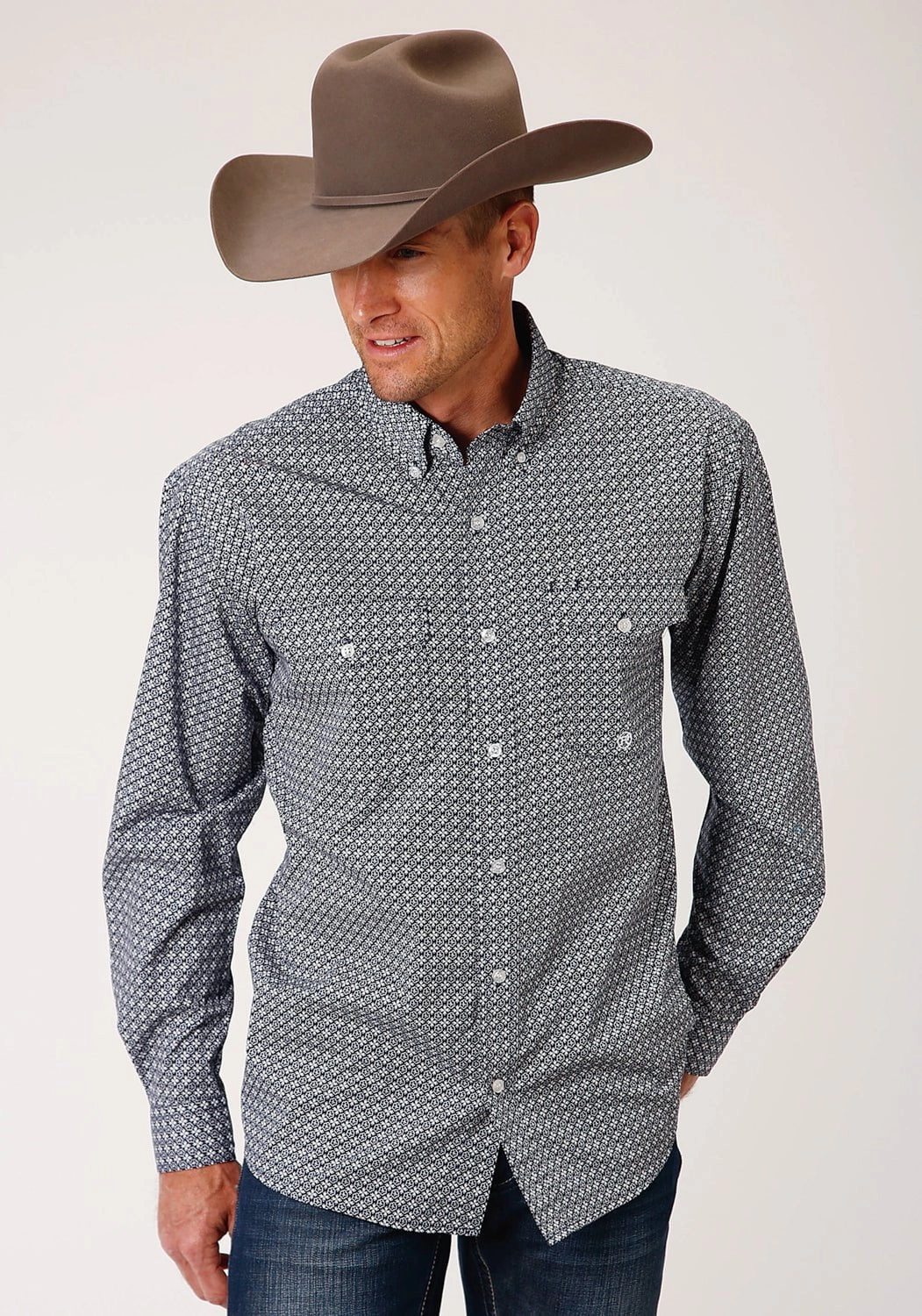 Roper Mens Navy 100% Cotton Bell Foulard BD L/S Btn Shirt Work Appropriate