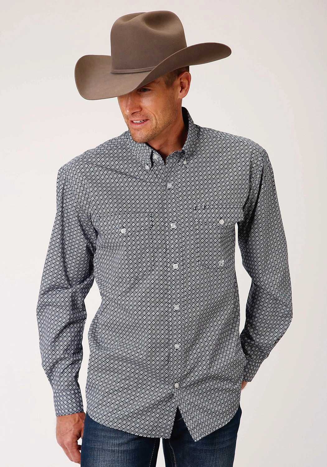 Petite Cut Roper Mens Navy 100% Cotton Bell Foulard BD L/S Btn Shirt