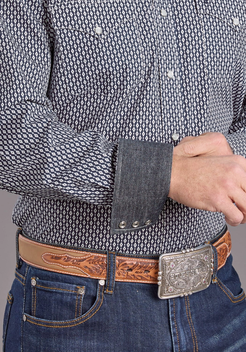 Stetson Mens Running Diamonds Blue 100% Cotton L/S Shirt Smooth zipper closure