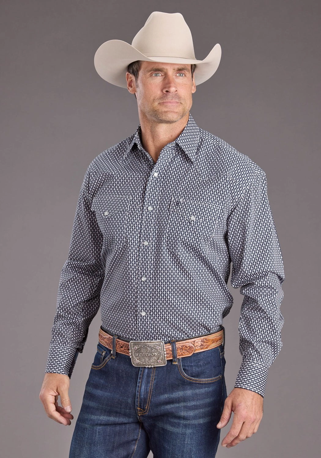 Stetson Mens Running Diamonds Blue 100% Cotton L/S Shirt Seamless Side Panels Loose style