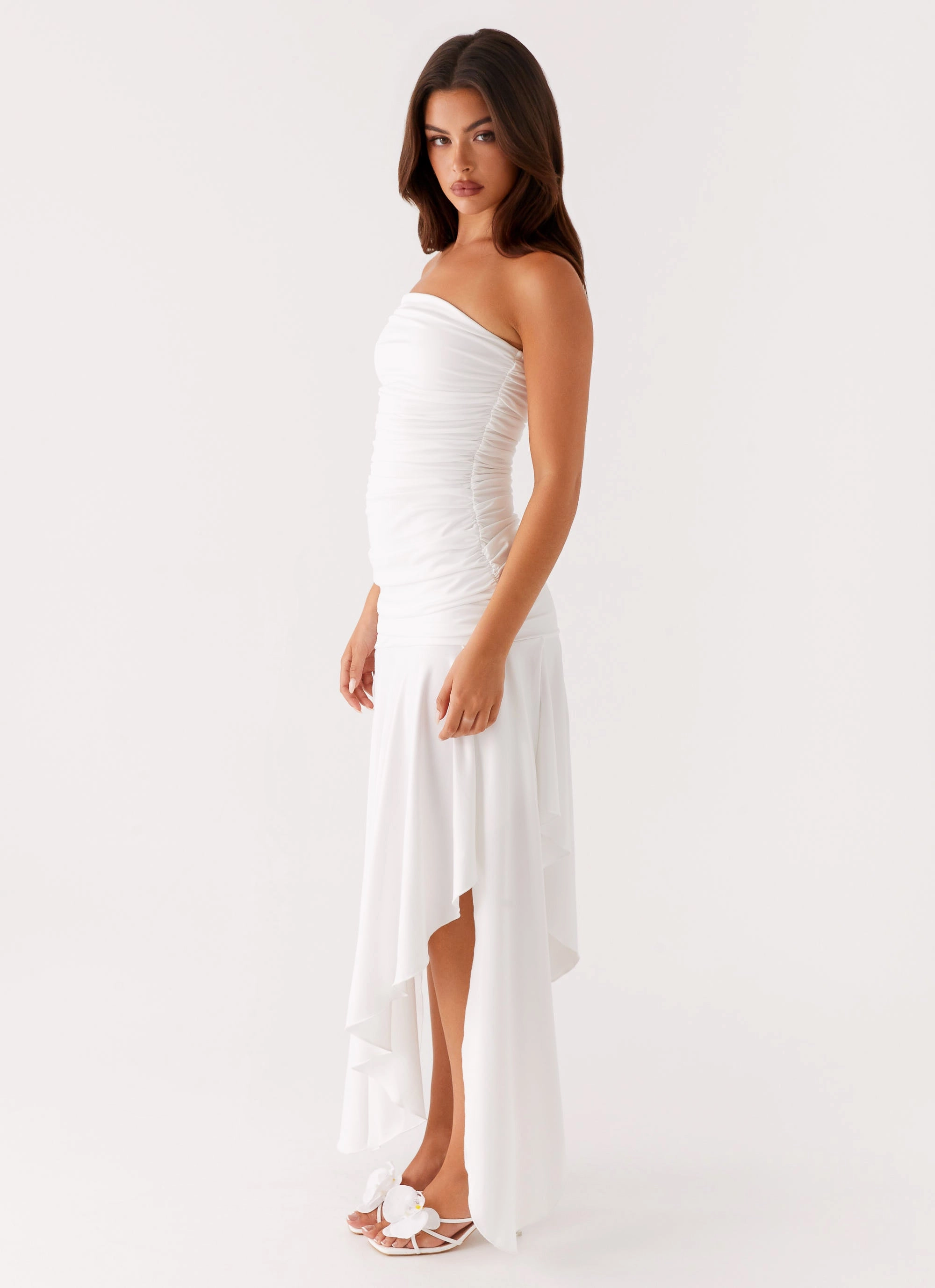 Full Length Coat Thermal Lining Ora Strapless Maxi Dress - White
