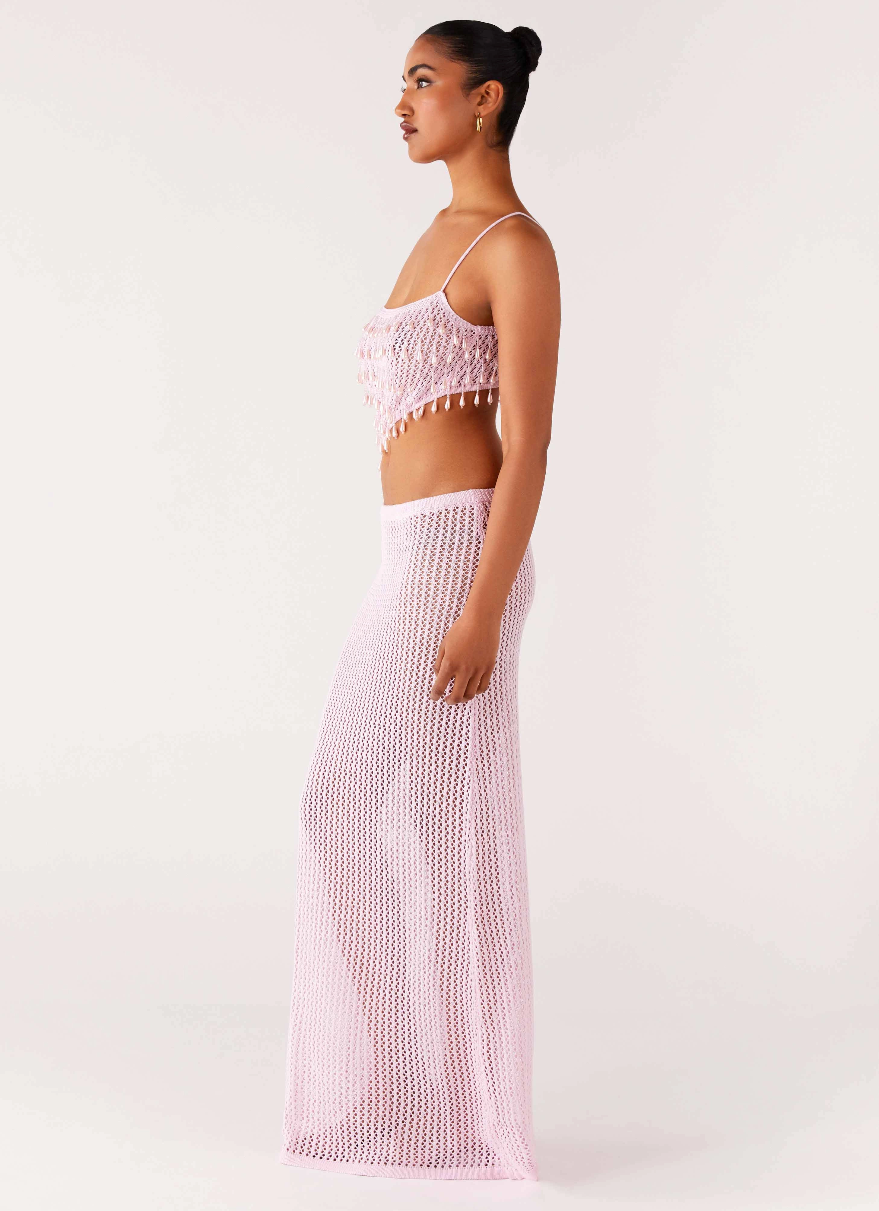 Shellbound Crochet Maxi Dress - Pink Adjustable Belt