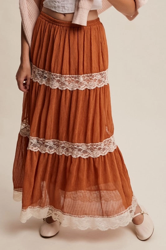 Gina Tiered Lace-trim Maxi Skirt Adjustable drawstring Flow Look