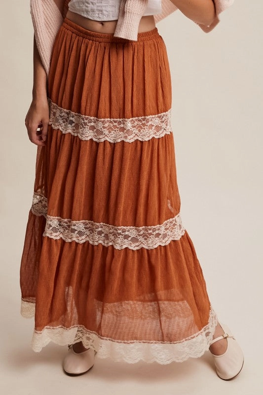 Gina Tiered Lace-trim Maxi Skirt Elegant Flow Soft Vibe