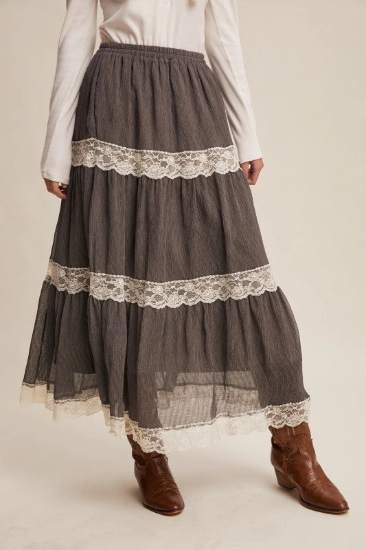 Warm Insulation Gina Tiered Lace-trim Maxi Skirt