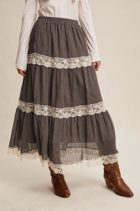 Gina Tiered Lace-trim Maxi Skirt Daily Style